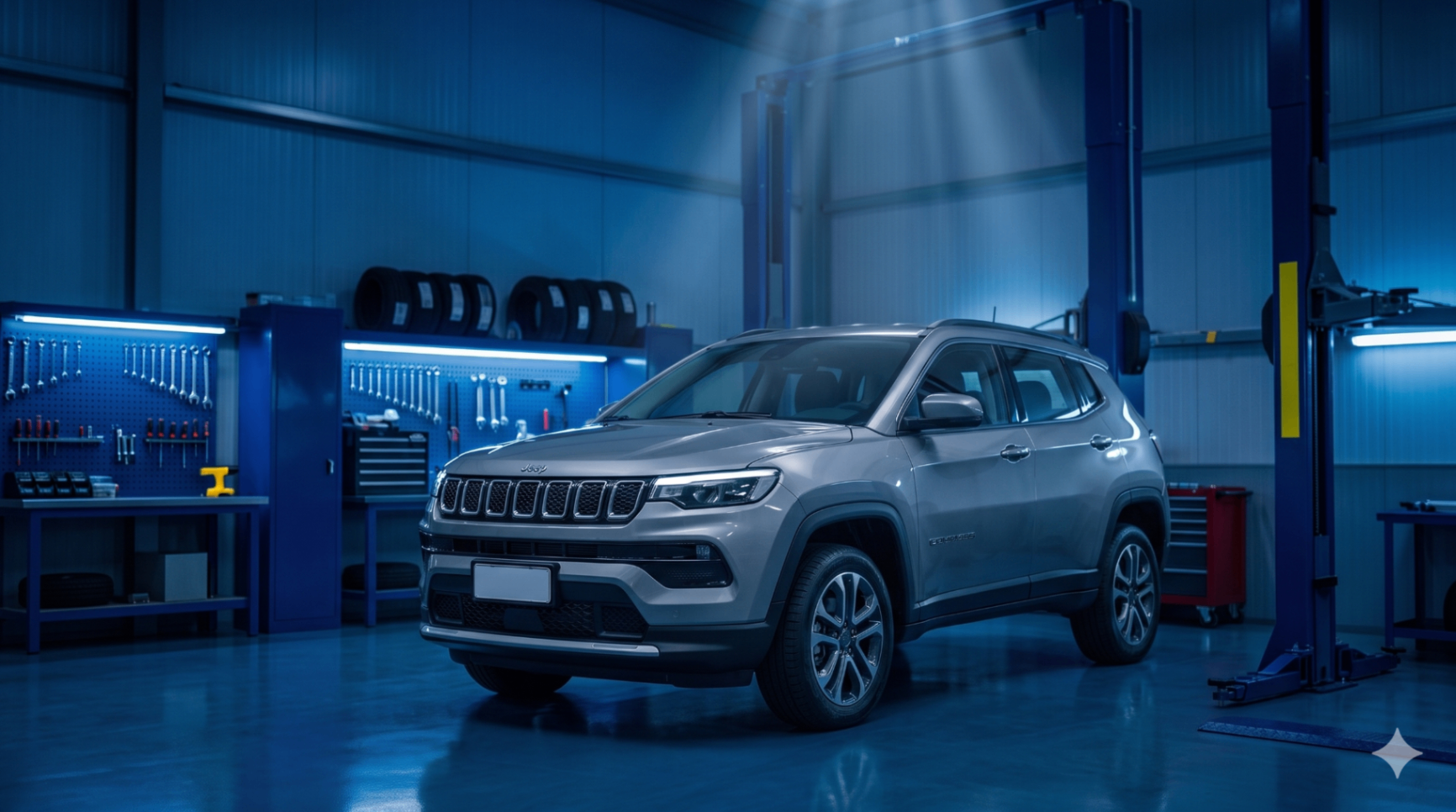 SUV cinza estacionado em oficina automotiva